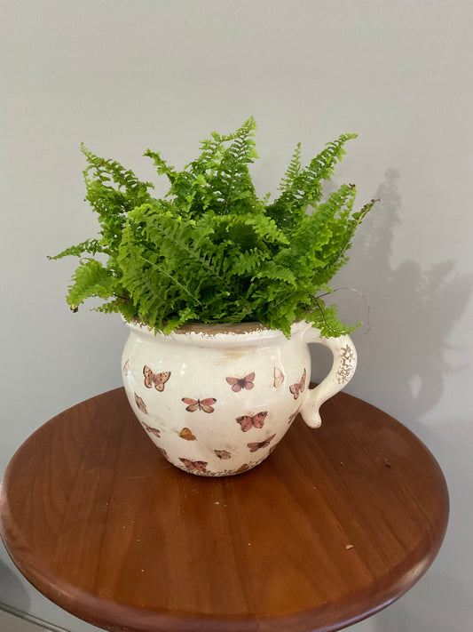 Vaso em Forma de Chávena com Asa – Estilo Jardim Vintage com Borboletas